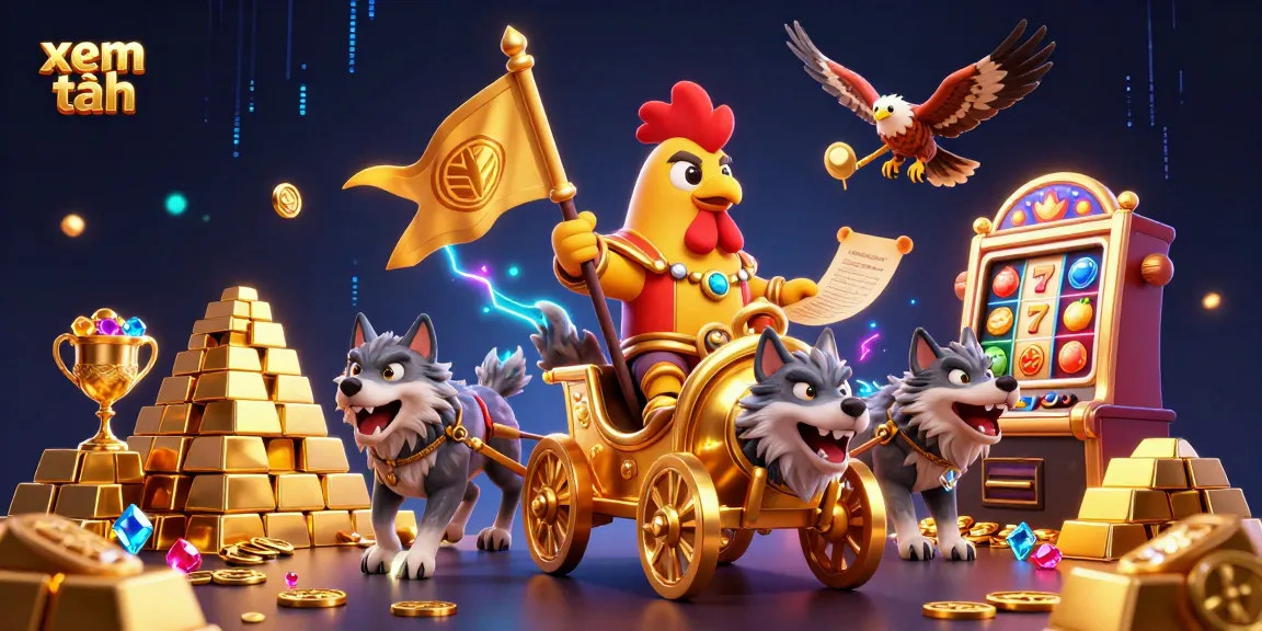 Xem thêm slot games with a rooster warlord and treasures in a vibrant casino scene.