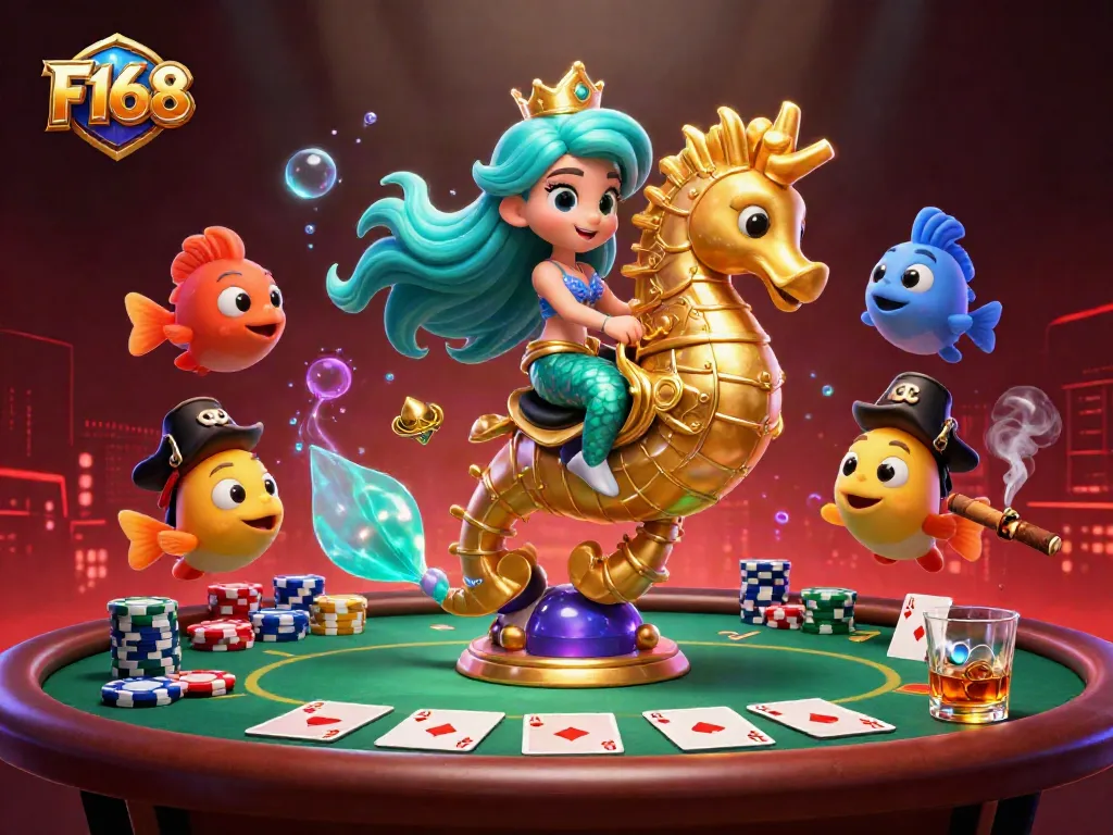 F168 game visual showcases the mermaid princess riding a seahorse amidst a poker scene.