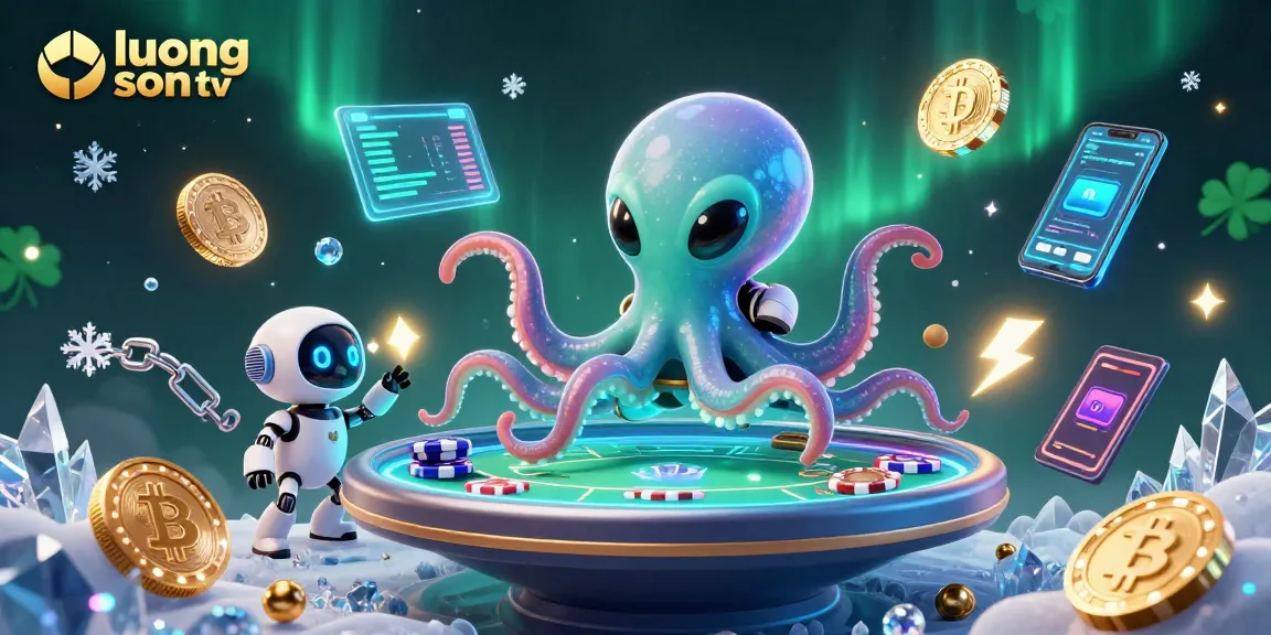 Engage with luong son tv, featuring a vibrant alien octopus running a holographic poker game with cosmic poker chips.
