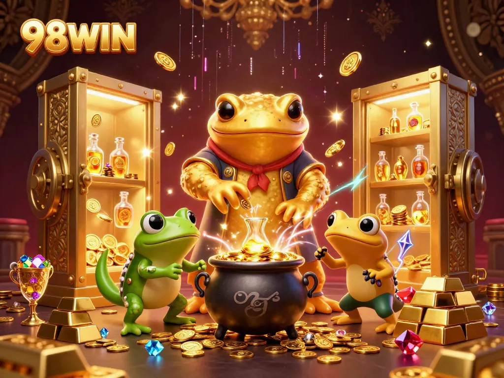 Experience the magic of gold creation in 98WIN's enchanting casino world, featuring a golden salamander alchemist and thrilling treasure.