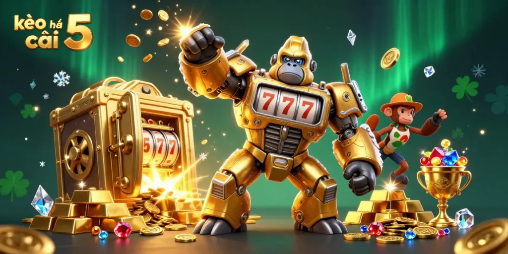 Engaging kèo nhà cái 5 illustration featuring a golden gorilla mech and casino elements.