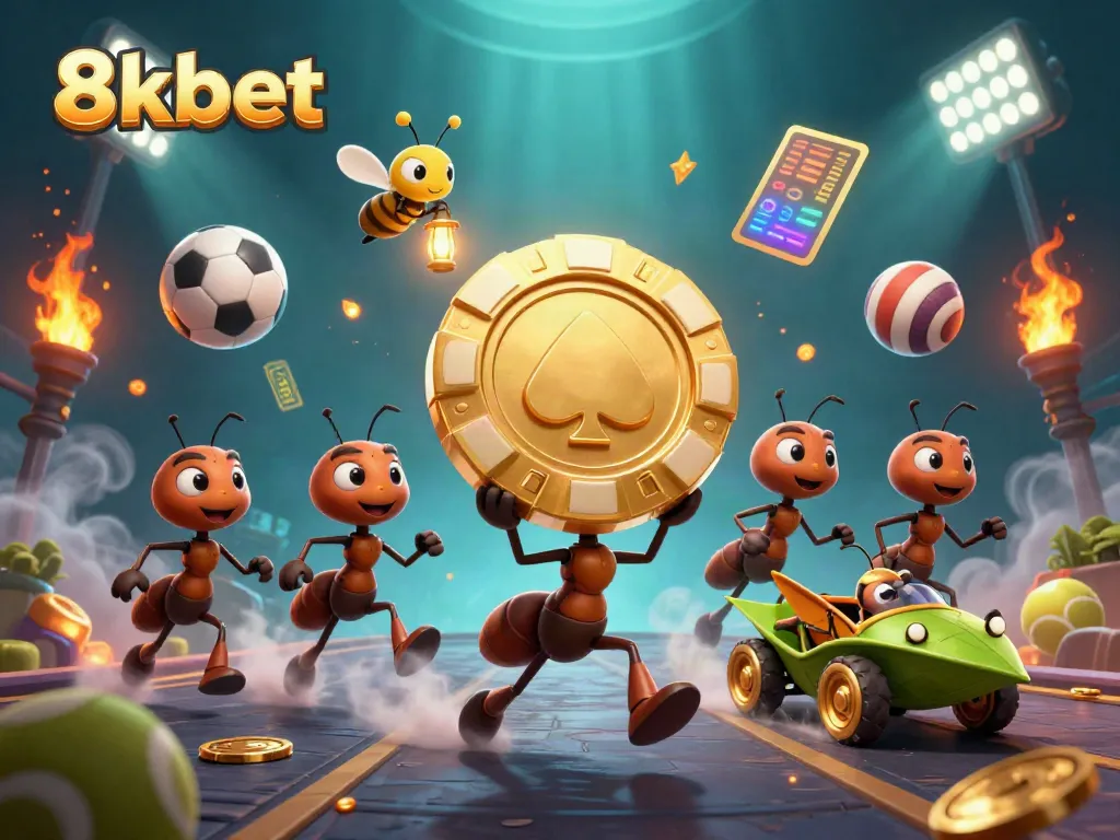 Experience the thrill of 8xbet with a heist scene featuring ants, a golden poker chip, and dynamic sports elements.