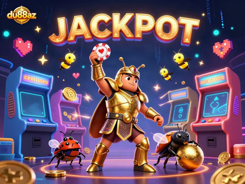 Join the action at du88az with a hercules beetle celebrating a big win under a sparkling jackpot.