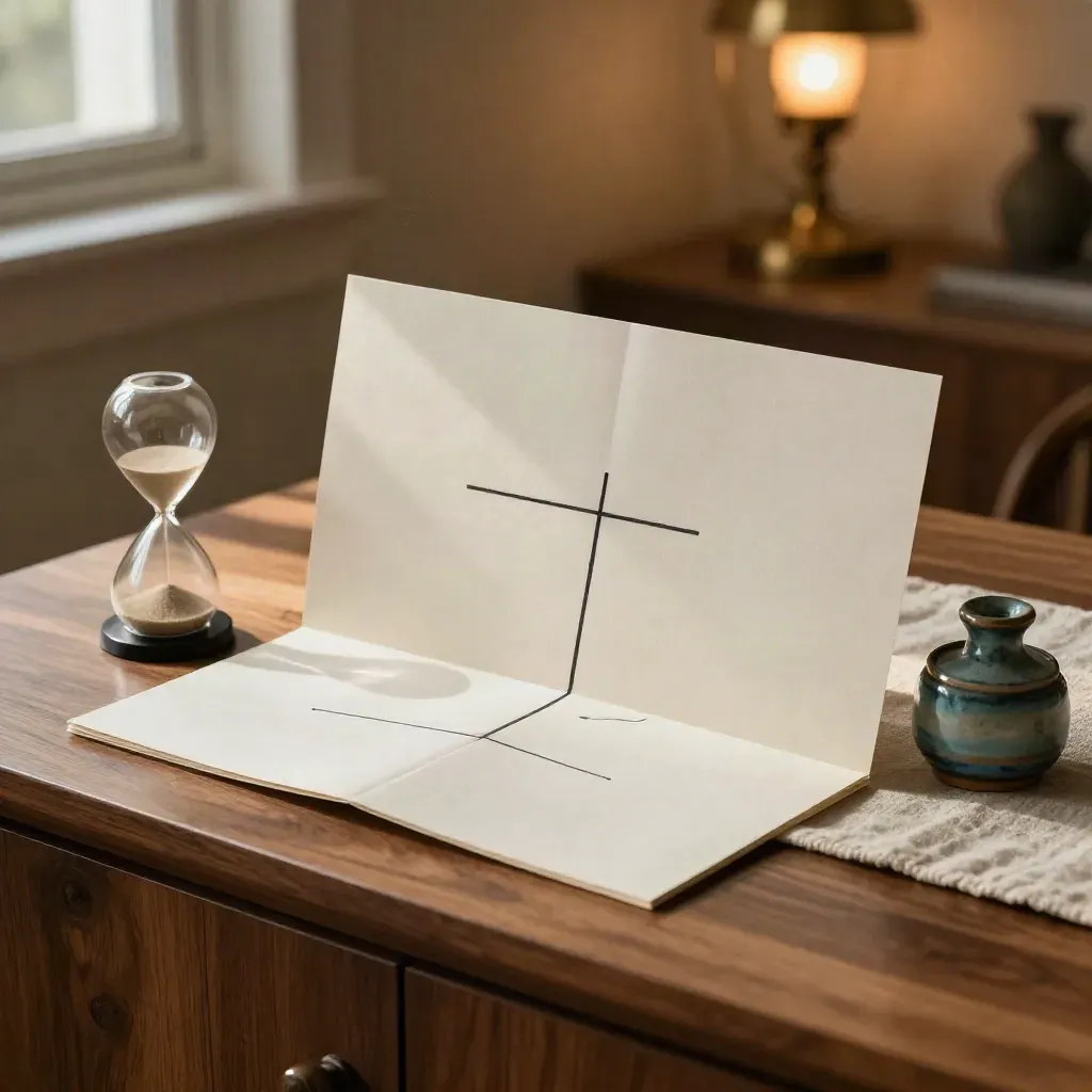 Folded blank card decision map, hourglass, and teal ceramic weight on warm wood in window light.
