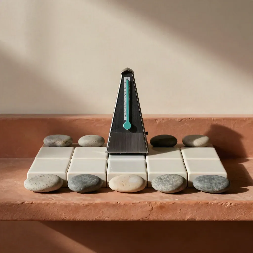 Symmetrical habit grid, metronome, and pebble weights on a terracotta plaster shelf.