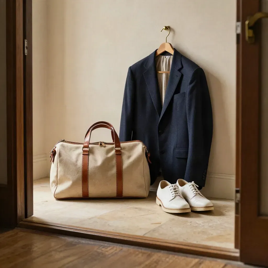 Blazer, new shoes, and packed travel bag ready by a bright entryway.