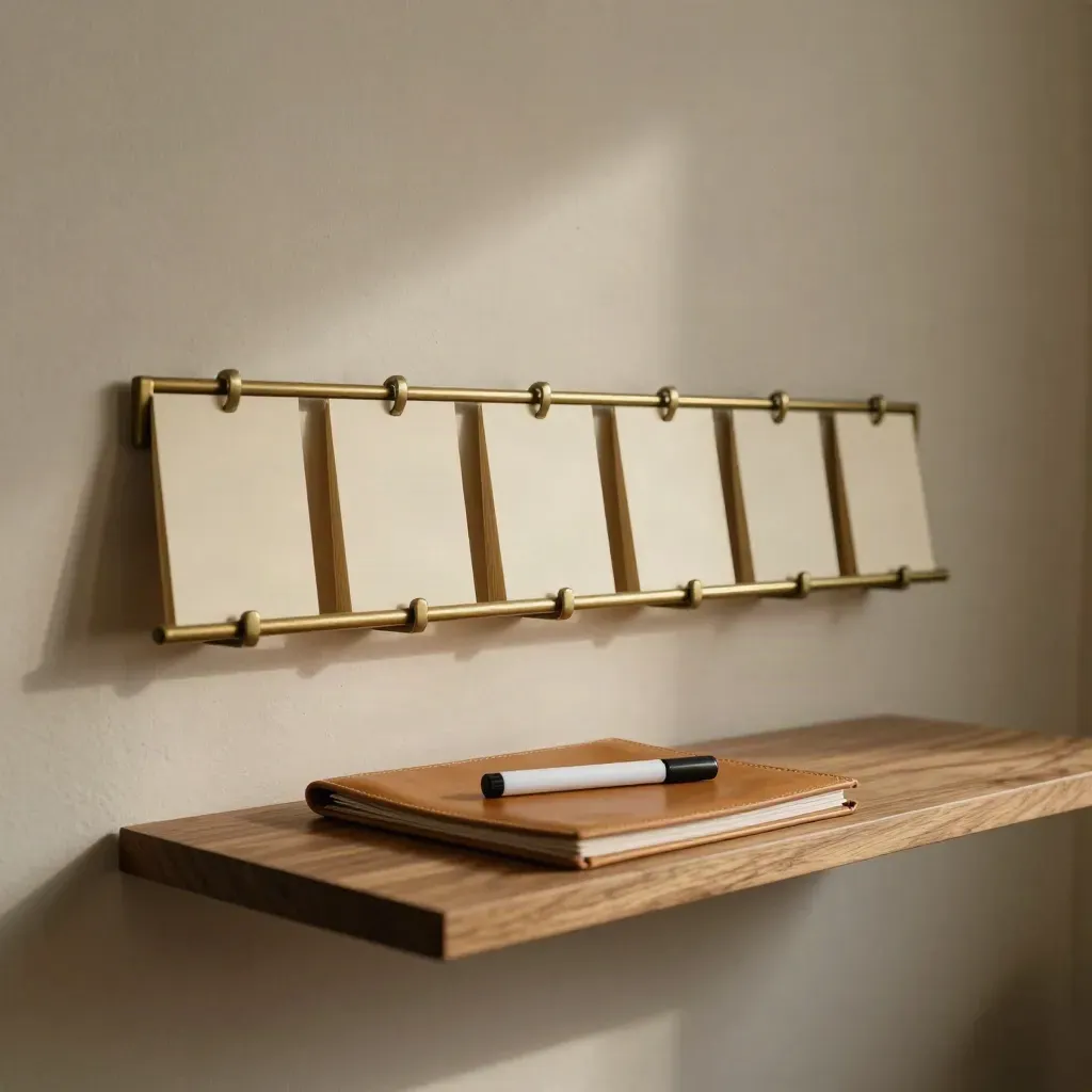 Wall-mounted goal strip, bright marker, and closed portfolio on a floating shelf.