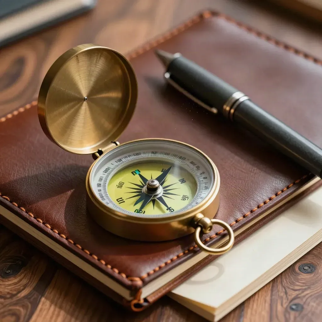 Brass compass, leather notebook, basalt weight and pen cap on walnut in macro detail.