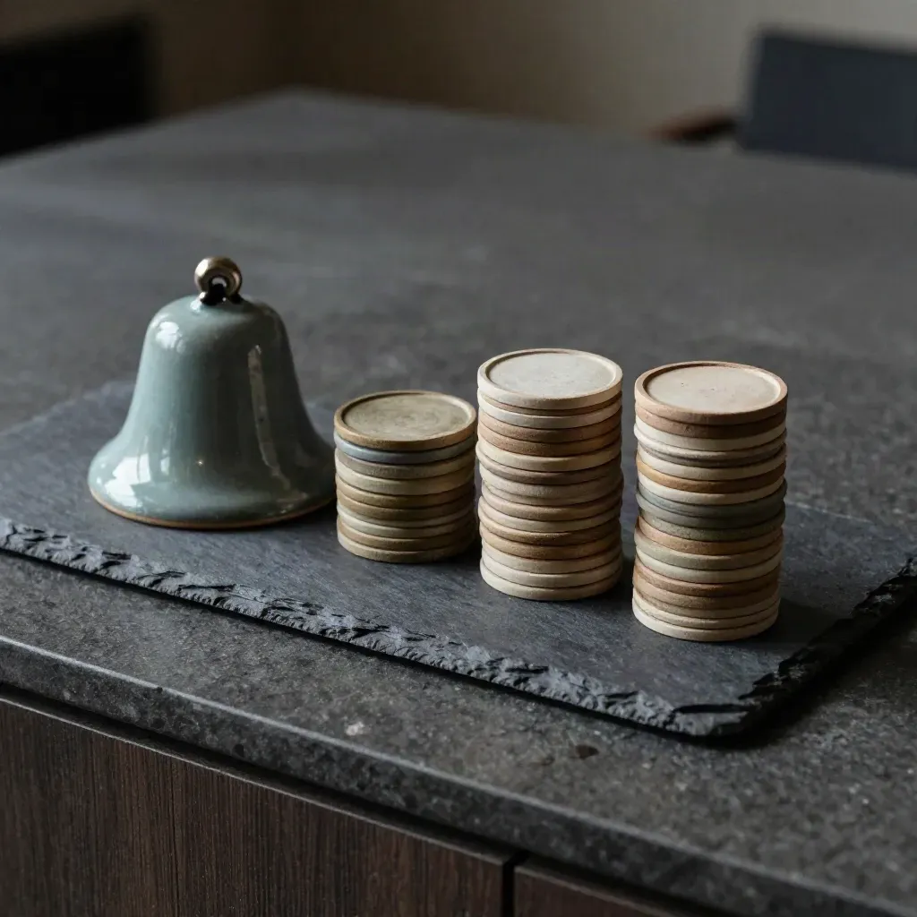 Ceramic bell and stacked meeting tokens on a slate tray, top-down in soft haze