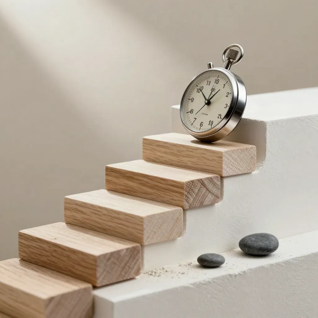 Ascending wooden blocks, pocket timer, and graphite pebble on pale plaster in soft daylight.