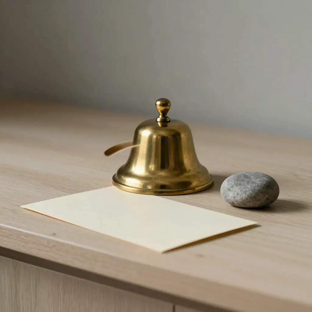 Brass doorbell, face-down appointment card and stone weight on pale wood.