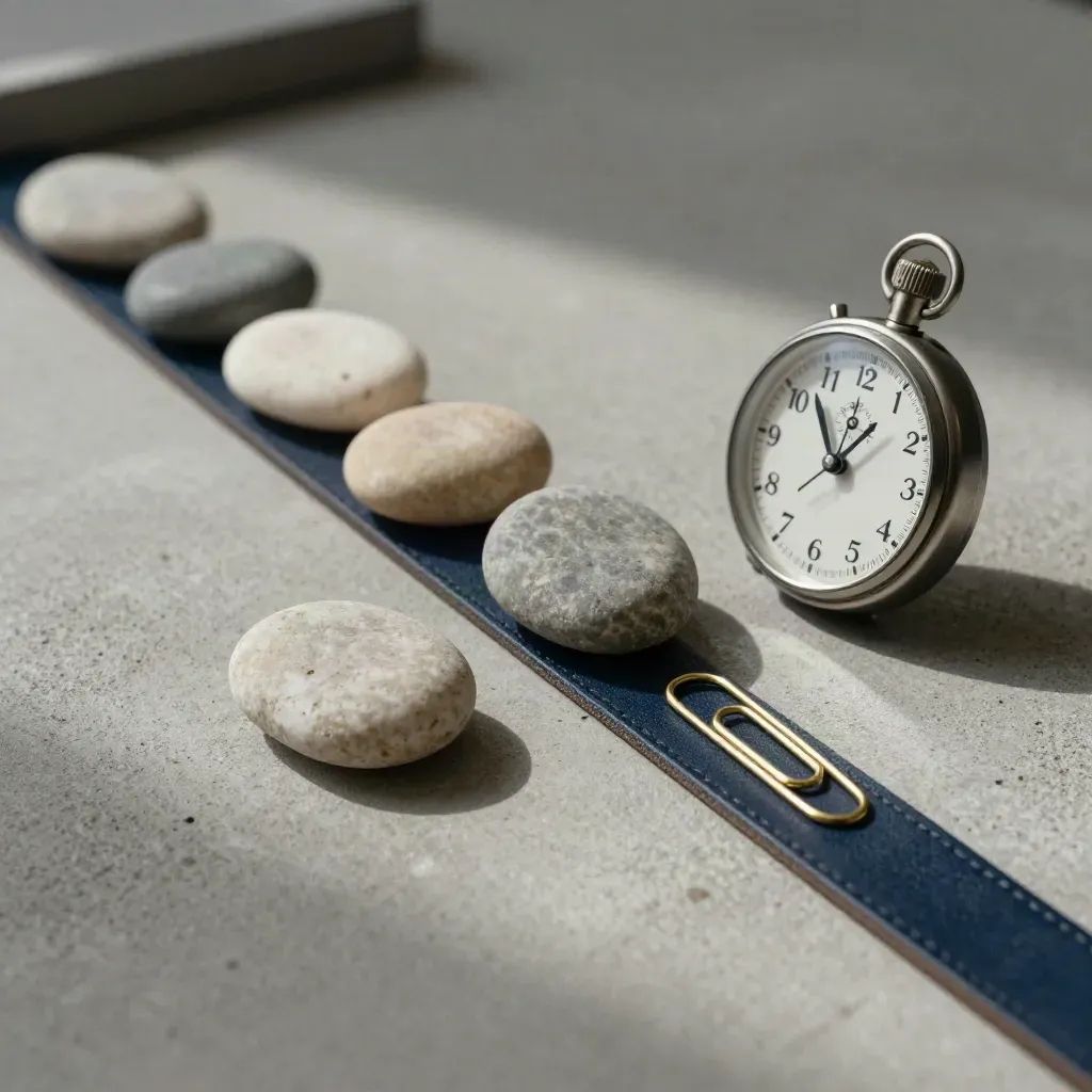 Tally stones, a pocket timer, and a brass paperclip on concrete with deep navy accents.
