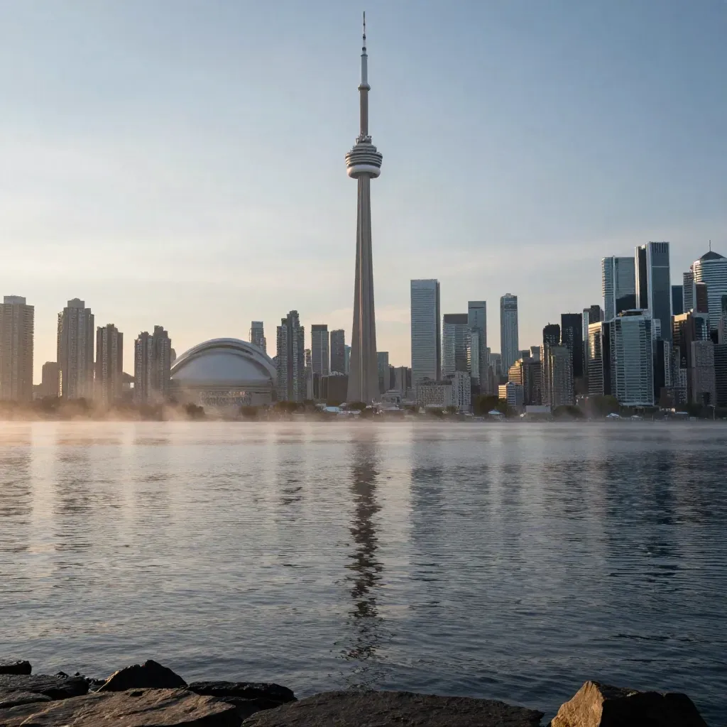 Toronto skyline and CN Tower above a misty lakefront after rain, seen from a high overlook