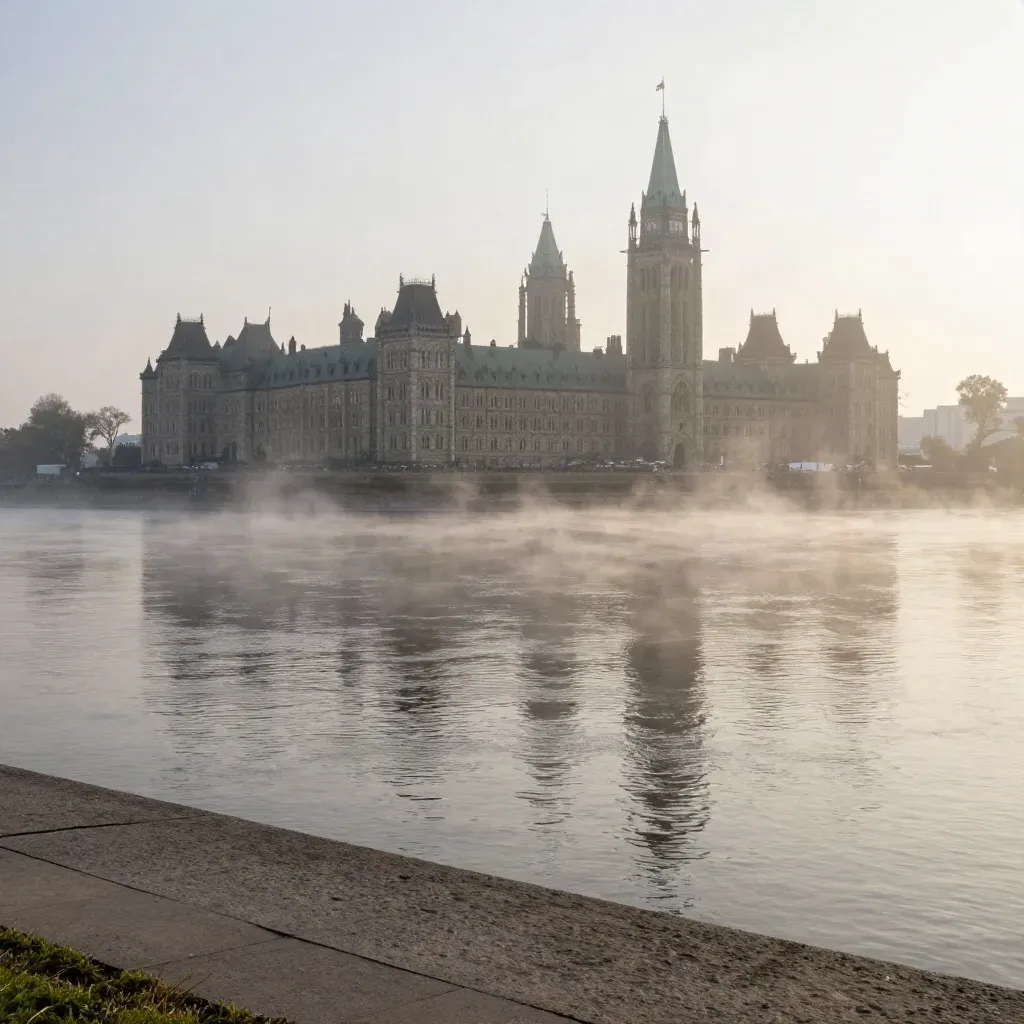 Ottawa River at dawn fog with Parliament Hill glowing on the ridge