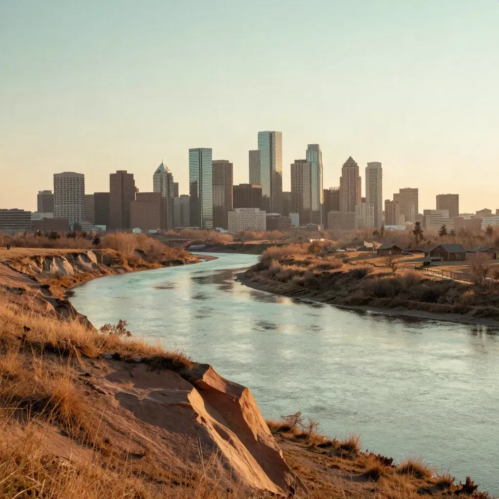 Calgary skyline and Bow River glowing at golden hour above a calm prairie foreground