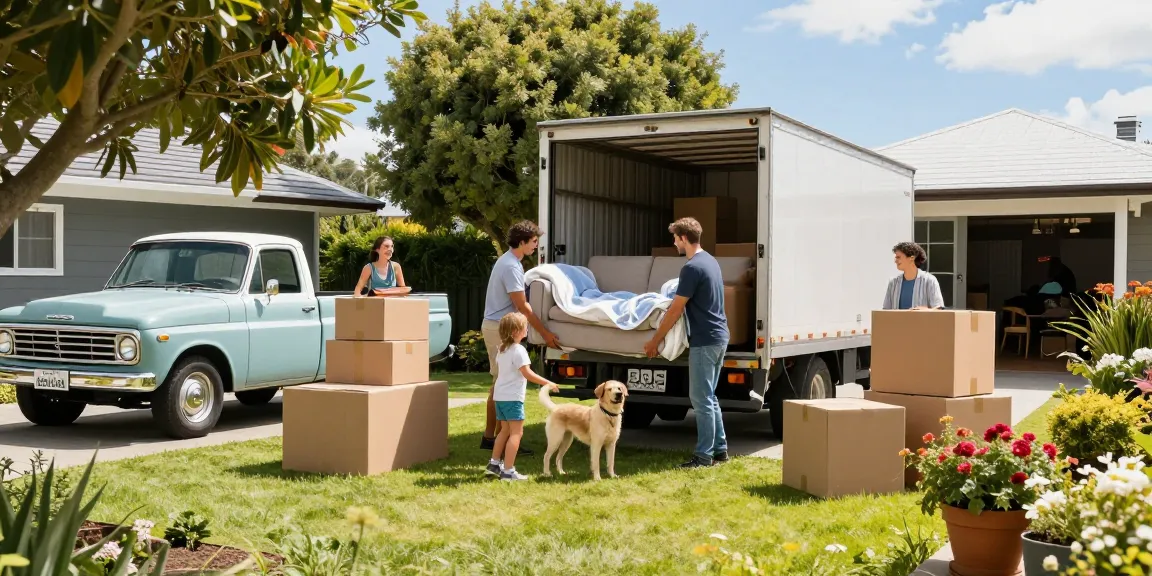 BDS Movers Tauranga team assists family during a sunny moving day, showcasing a friendly and professional atmosphere