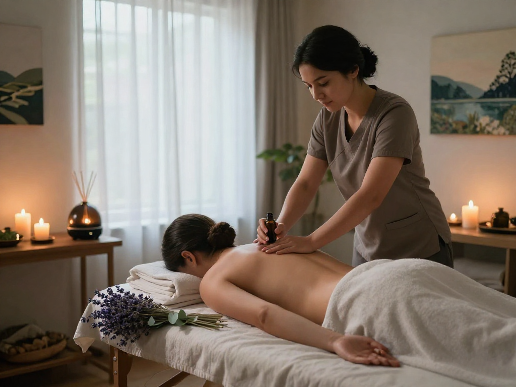 Calming 금천구출장마사지 scene with therapist applying essential oils in tranquil setting