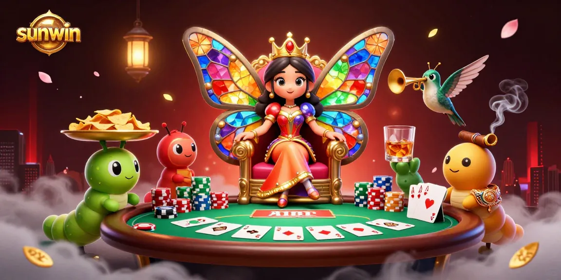 Experience sunwin's exhilarating gaming scene with a butterfly queen, poker elements, and rich graphics.