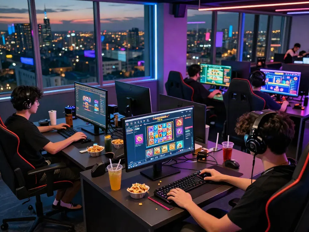 Engaged gamers enjoying diverse slot games at https://choinohu.vip/ in a vibrant, modern setting.