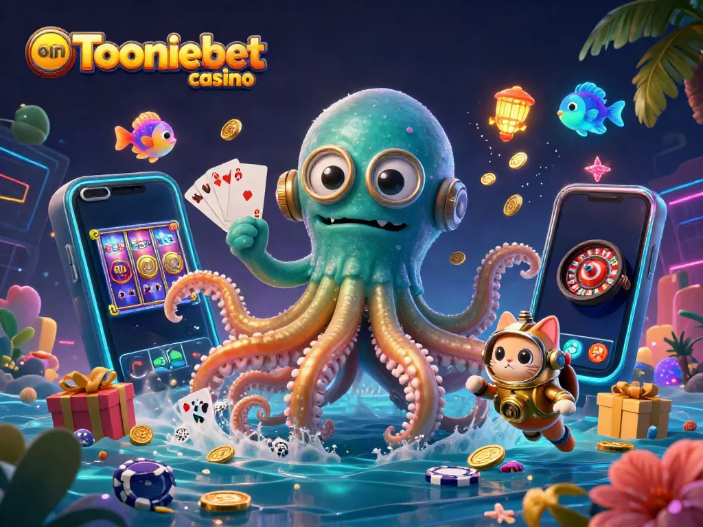 Experience exciting gameplay on Tooniebet casino with a vibrant 3D scene featuring a kraken, diving cat, and gaming elements.