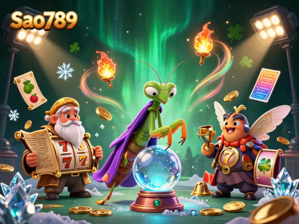 Engage in thrilling gameplay with Sao789's mystical fortune teller and classic casino elements surrounding them.