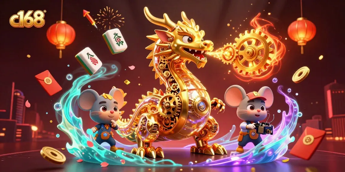 Engage with the vibrant c168 casino scene featuring a golden dragon, floating mahjong tiles, and dynamic game elements.