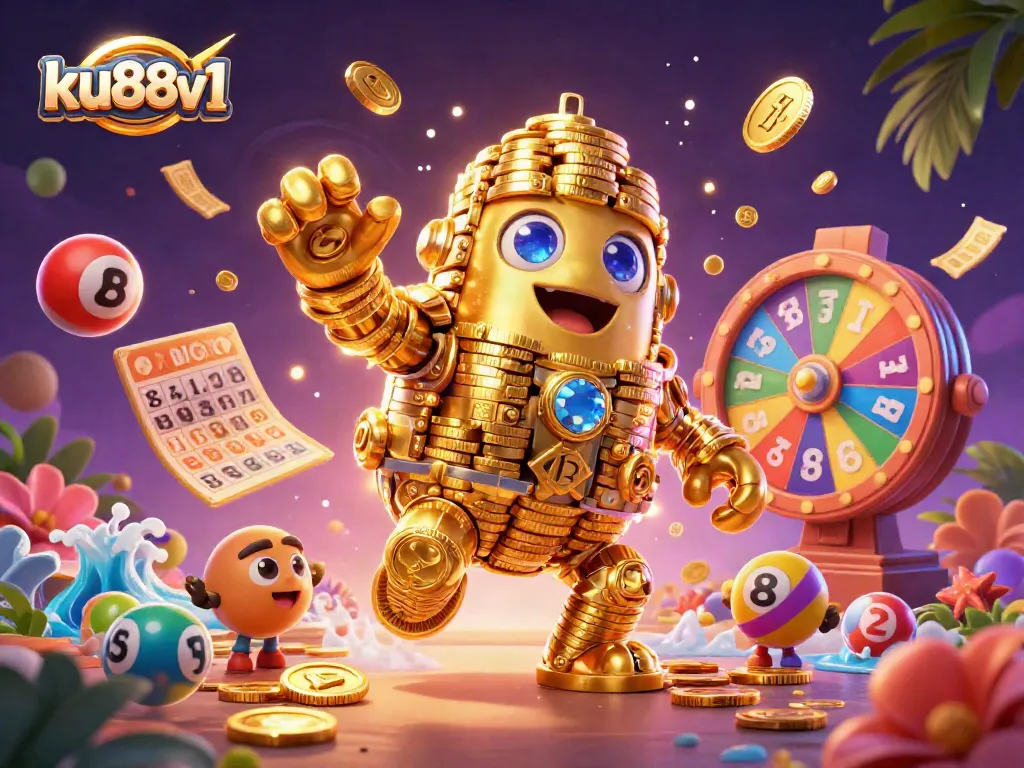 Enjoy immersive gameplay with ku88v1 through a vivid 3D illustration showcasing dynamic casino elements and a golden golem.