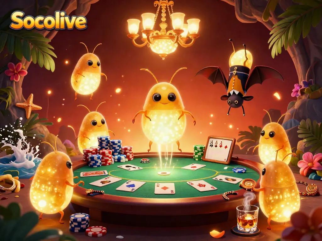 Socolive illuminates a vibrant cave casino scene featuring glowworms, poker elements, and a unique bat dealer.