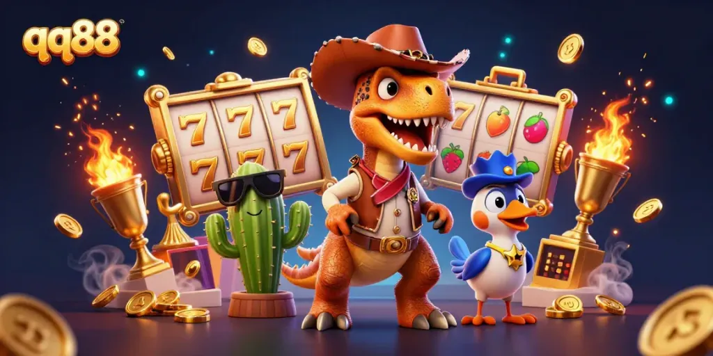 Experience thrilling wins with qq88 depicted through vibrant characters and dynamic casino elements.