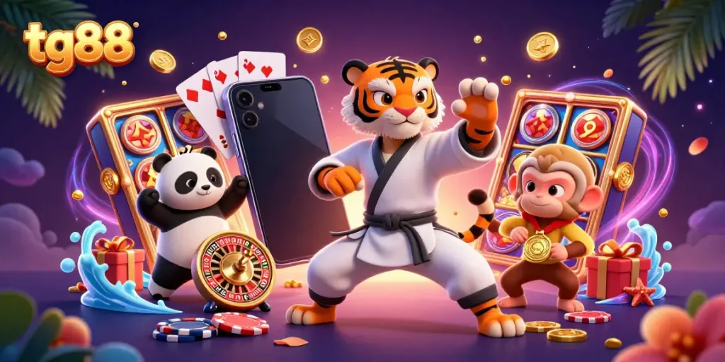 Experience the excitement of tg88 with a dynamic 3D scene of a kung fu tiger and friends engaging in casino games.