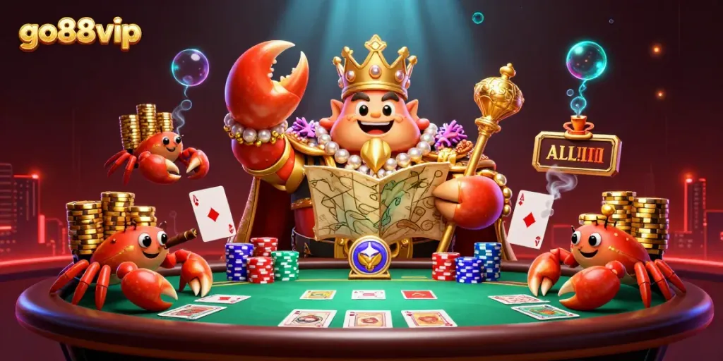 Engage with go88vip in this vibrant 3D casino scene featuring a golden crab emperor and poker elements.