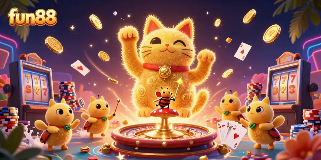 Experience the thrill of fun88 with a captivating illustration of a giant lucky cat and casino elements.