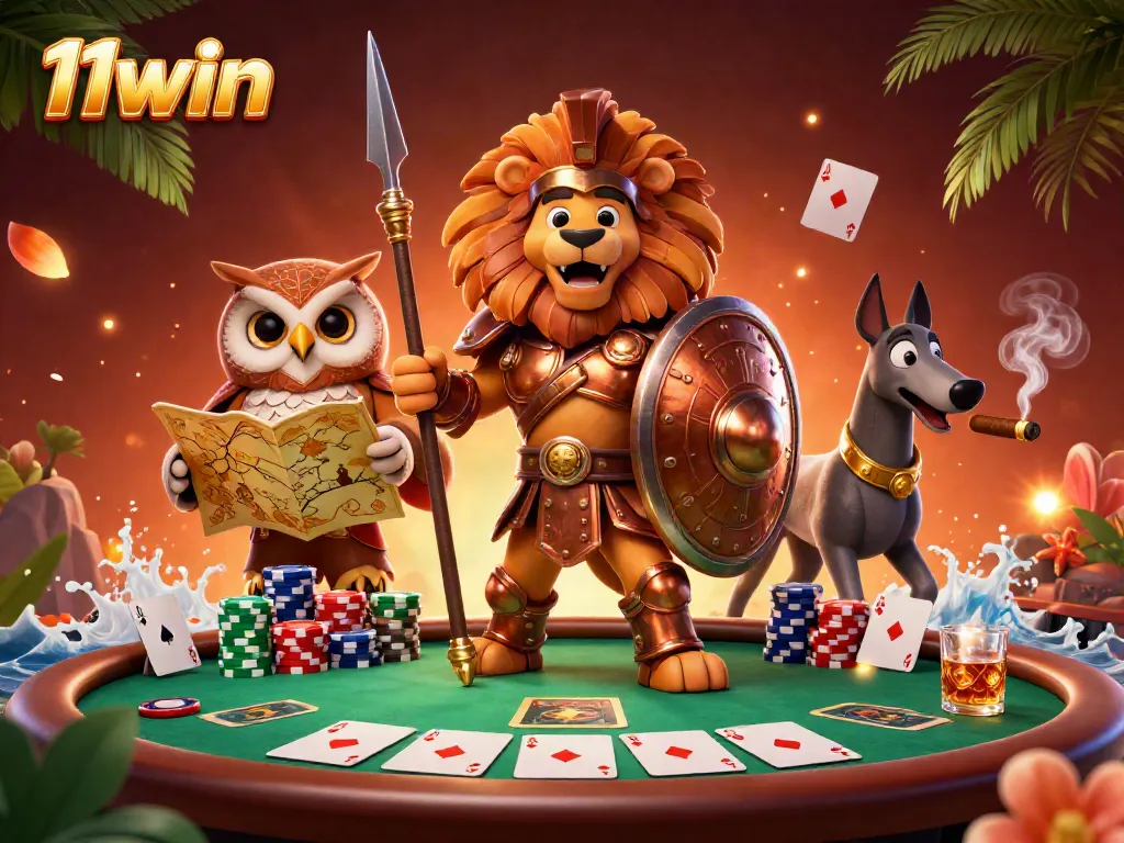 Join the adventure at 11win as a Spartan lion battles for victory amidst poker chips and thrilling games.