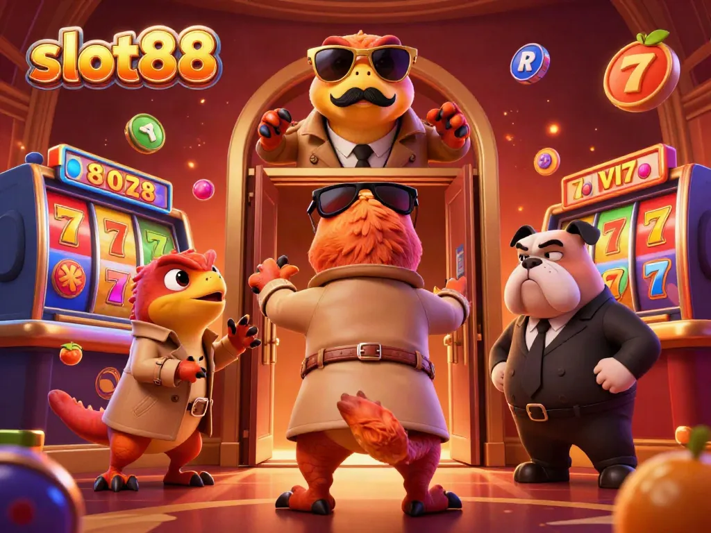 Engaging slot88 scene with cartoon raptors in trench coat entering a VIP lounge filled with vibrant casino elements.