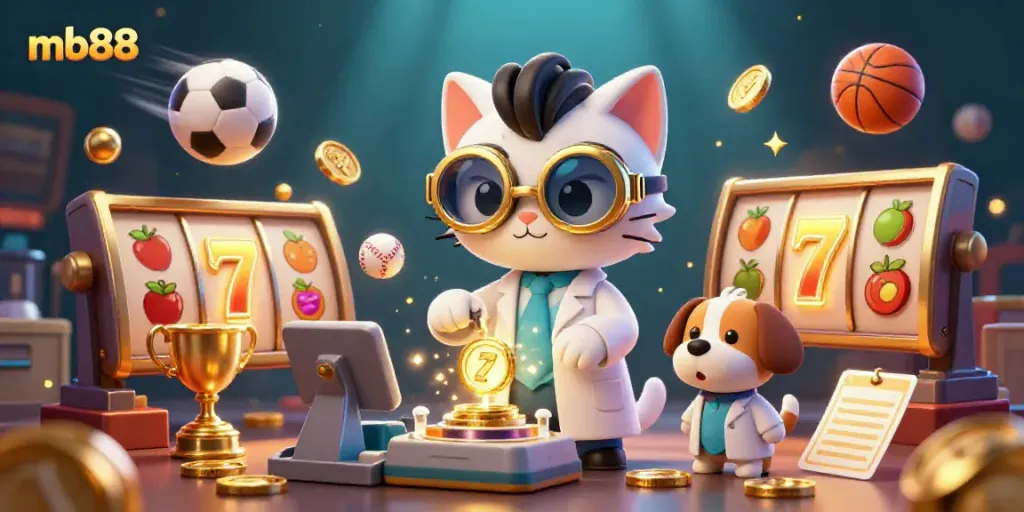 Experience exciting slot games with mb88, featuring colorful reels and engaging gameplay in a vibrant casino scene.