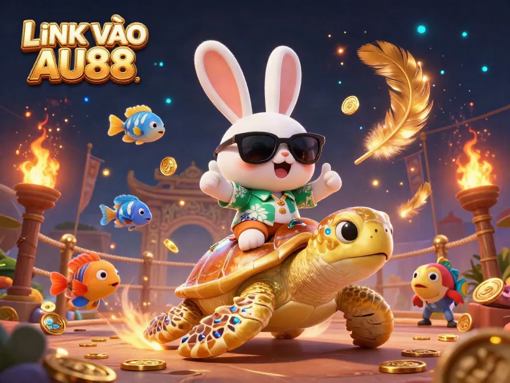 Experience festive fun with LINK VÀO AU88 as a lucky rabbit and golden turtle navigate a vibrant gaming paradise.