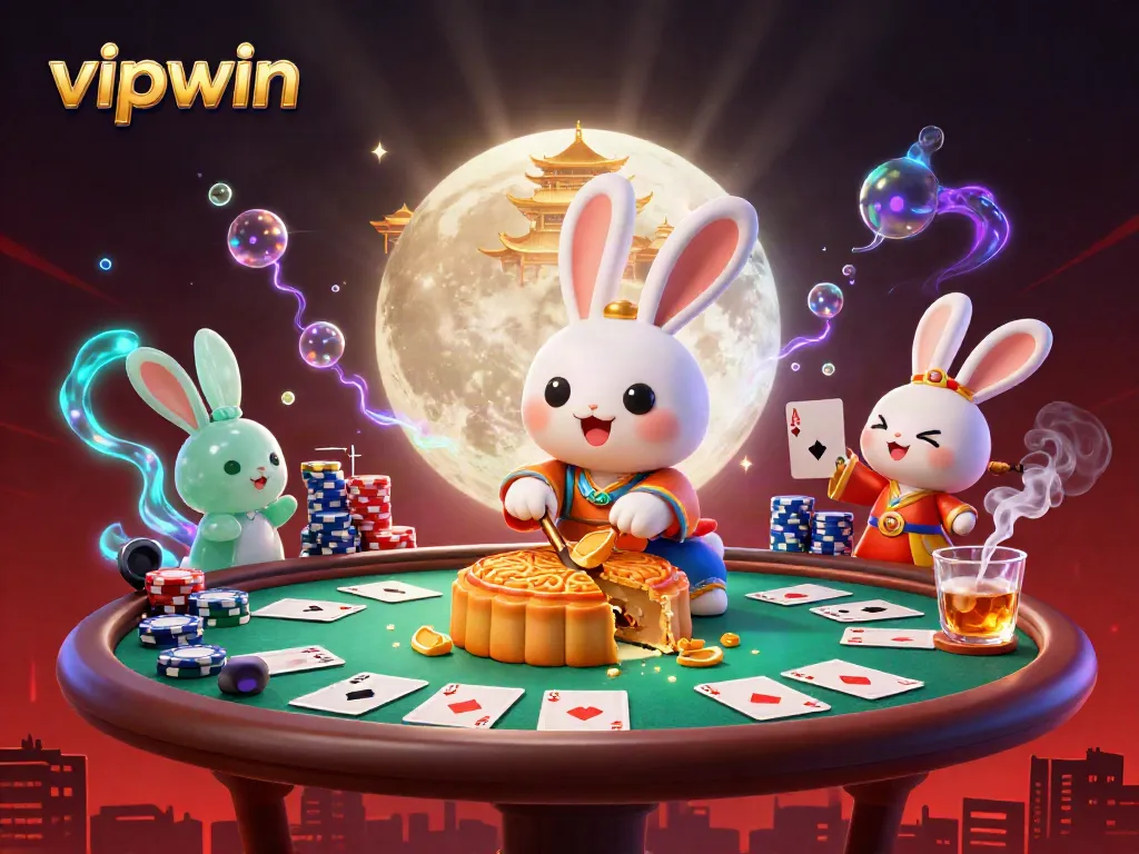 Experience VIPWIN's casino magic with illustrated moon rabbits creating poker chip mooncakes amidst vibrant gaming elements.