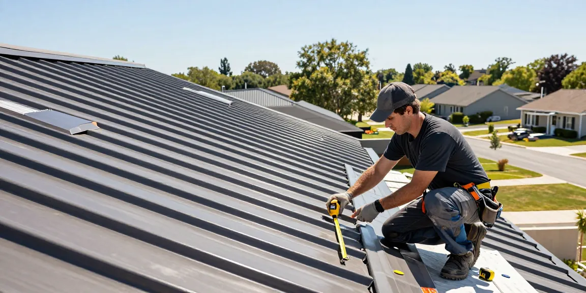 Standing seam metal roof contractor inspecting a new installation on a residential home.