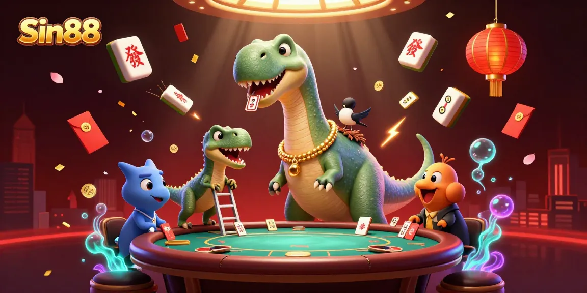 Engage with thrilling Sin88 games as a dinosaur dealer and raptor cards fly at a vivid casino scene.