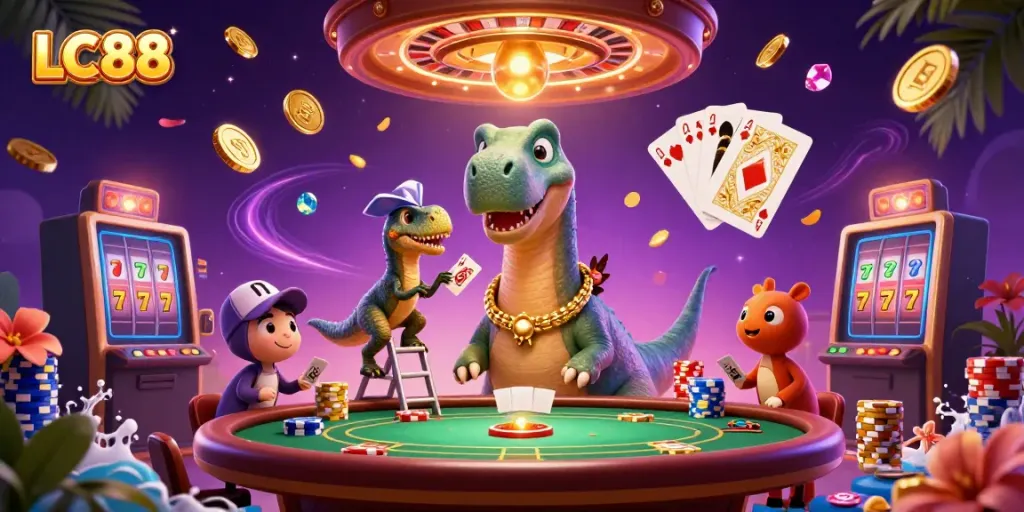 Experience thrilling gameplay with LC88's vibrant casino scene featuring dynamic characters.