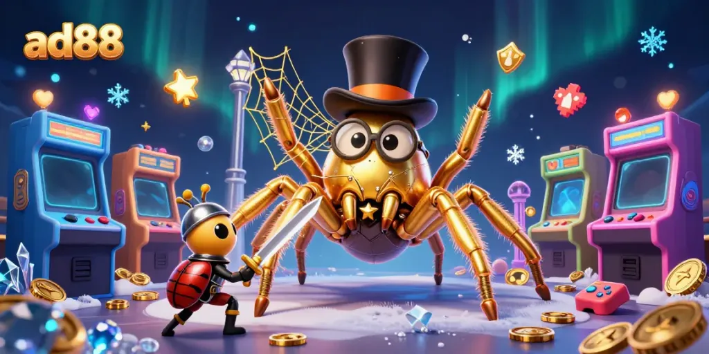 Engage with ad88's vibrant online casino games within a dynamic 3D scene featuring animated characters and gaming elements.