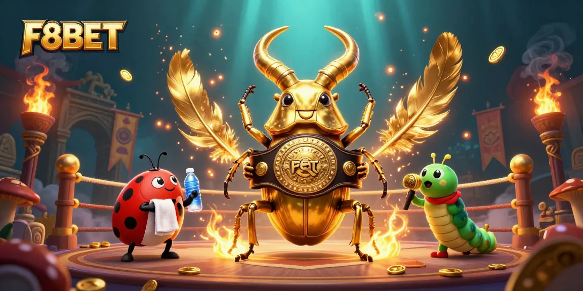 F8BET's dynamic 3D scene with a giant beetle mascot engaging in a thrilling boxing match amidst casino symbols.