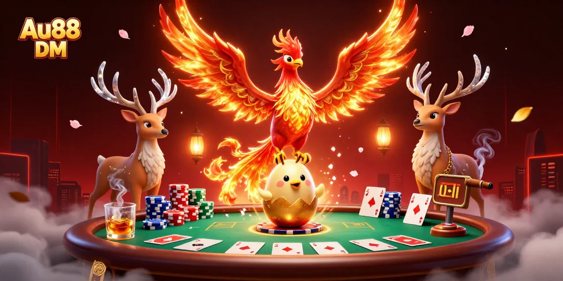 Experience Au88 DM’s fantasy scene with phoenixes, poker elements, and vibrant casino energy.