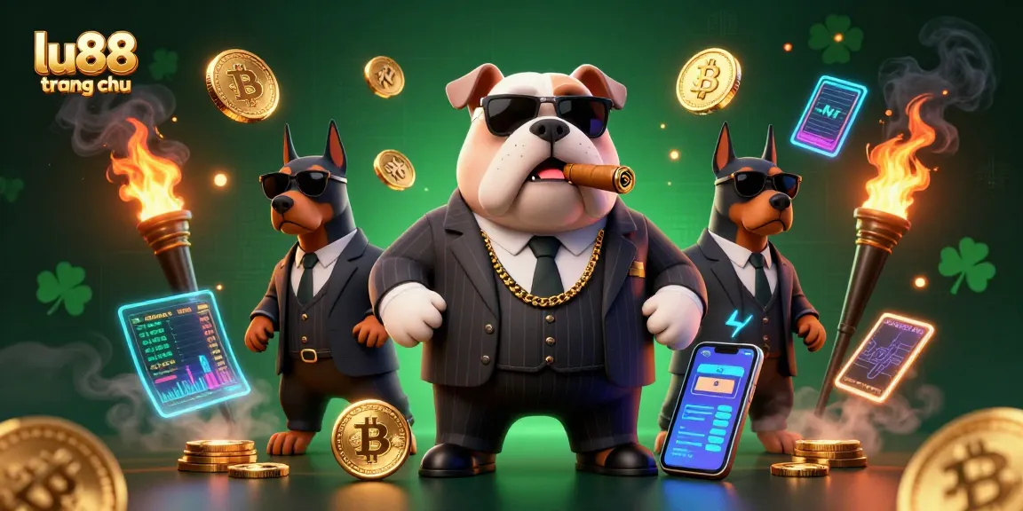 Experience dynamic gaming with lu88 trang chủ showcasing a mafia bulldog and bodyguard Dobermans amidst crypto symbols.