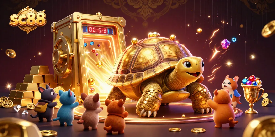 Experience thrills with sc88, featuring a colossal golden tortoise pinball machine in a vibrant casino scene.