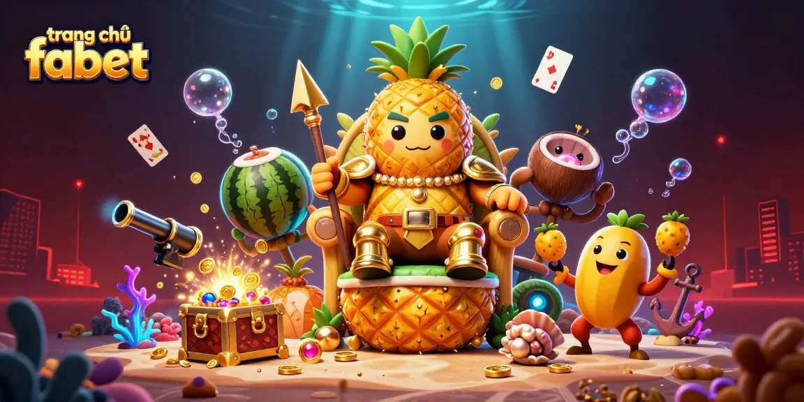 Experience excitement on trang chủ fabet with a 3D illustration of the golden pineapple king and vibrant casino elements.