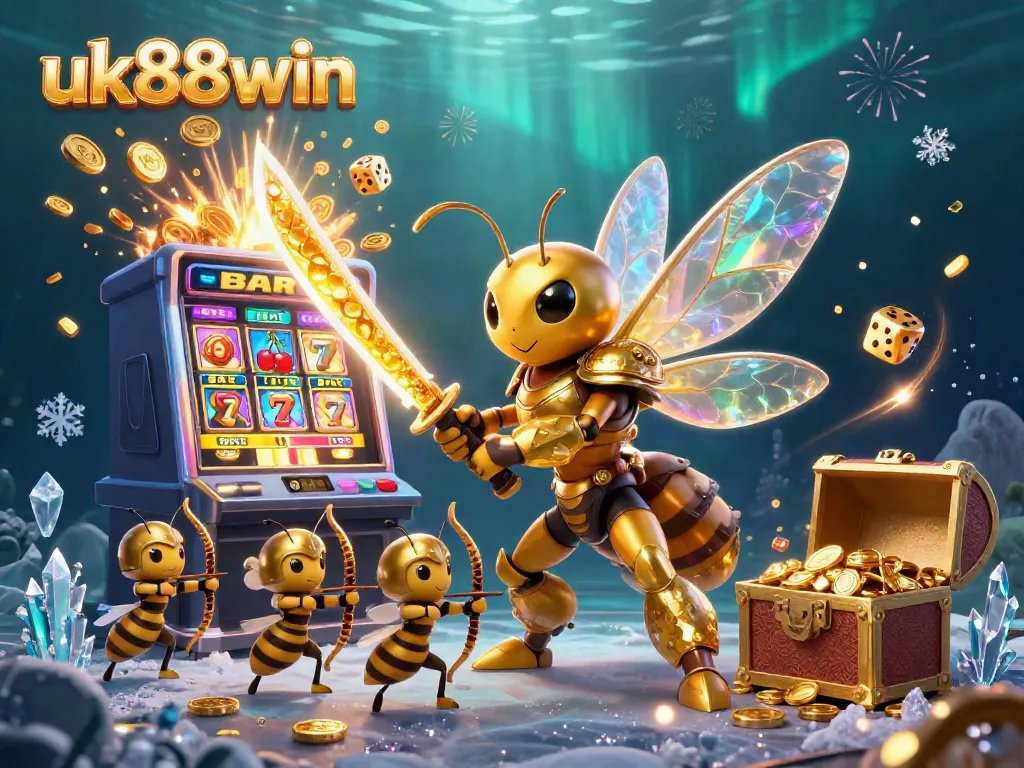 Engage with uk88win's vibrant 3D casino illustration showcasing a golden hornet samurai and slot machine jackpot.