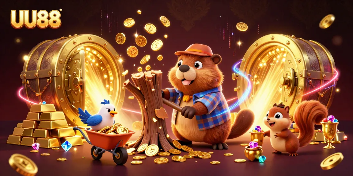 UU88 captivates players with a lively scene of a beaver and friends collecting golden coins, showcasing a vibrant casino atmosphere.