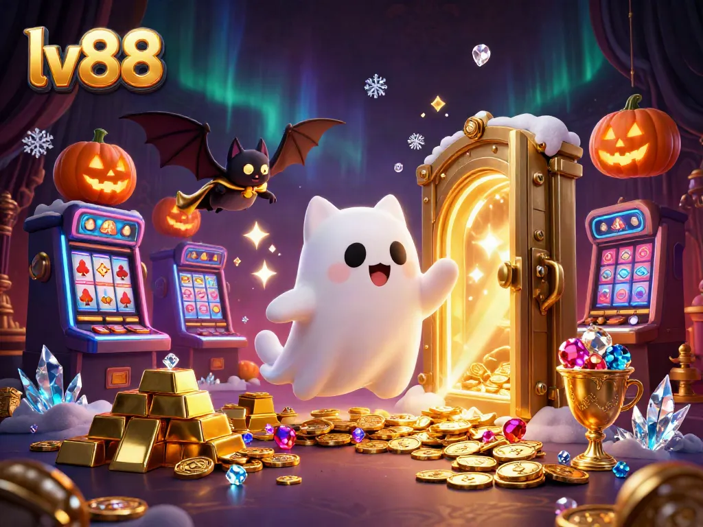 Experience thrilling gaming with LV88 as friendly ghost cat and vampire bat explore a haunted casino.