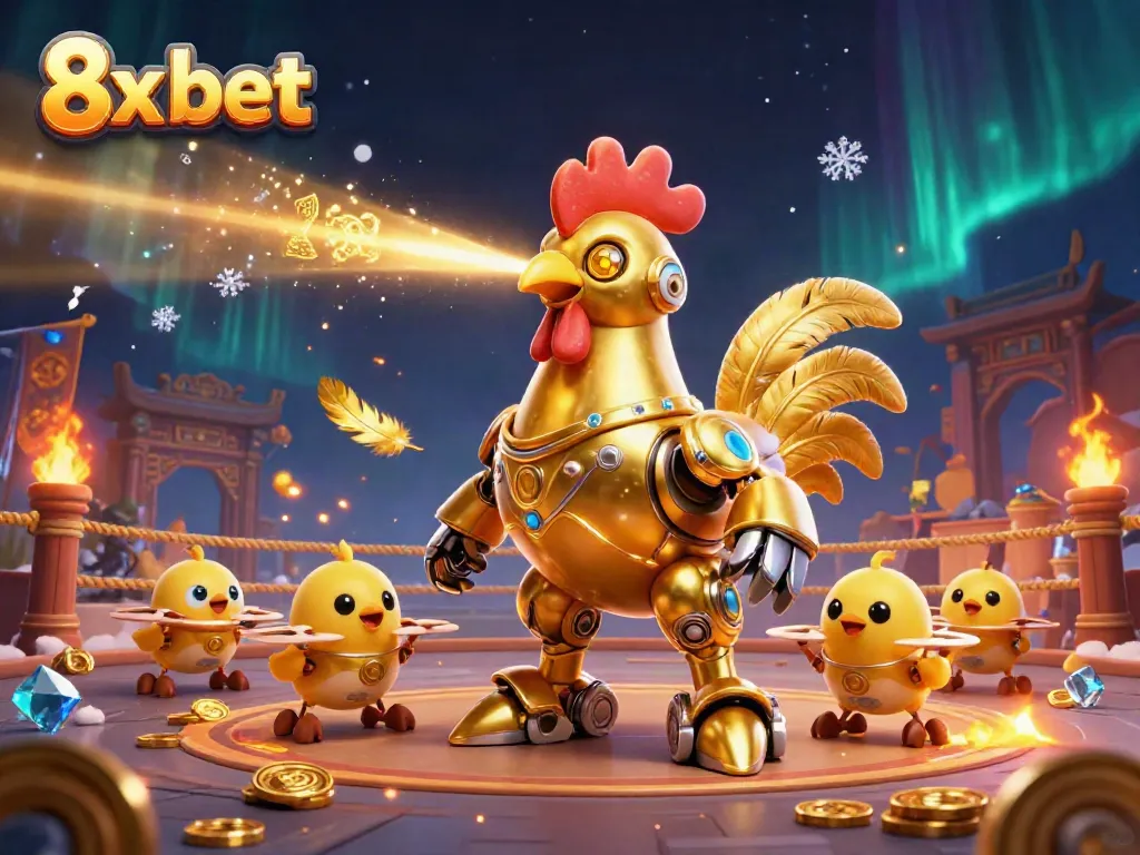 Engage in the thrill of 8x bet with vibrant casino elements featuring an animated golden rooster robot and baby chick drones.